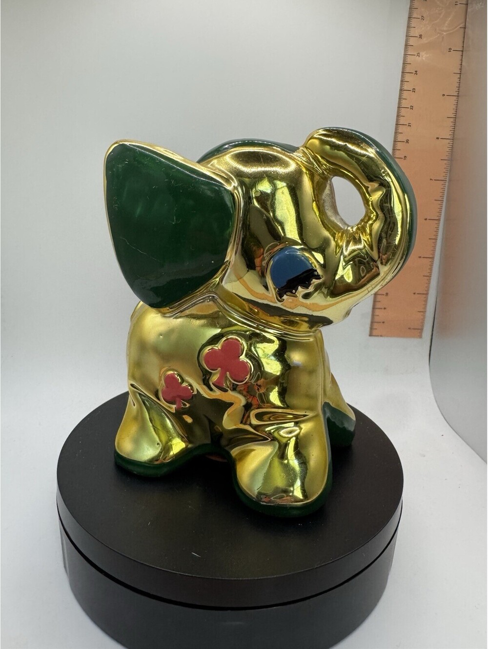 Vintage Made In Japan Golden Elephant Piggy Bank Green Ears Trunk Up Good Luck